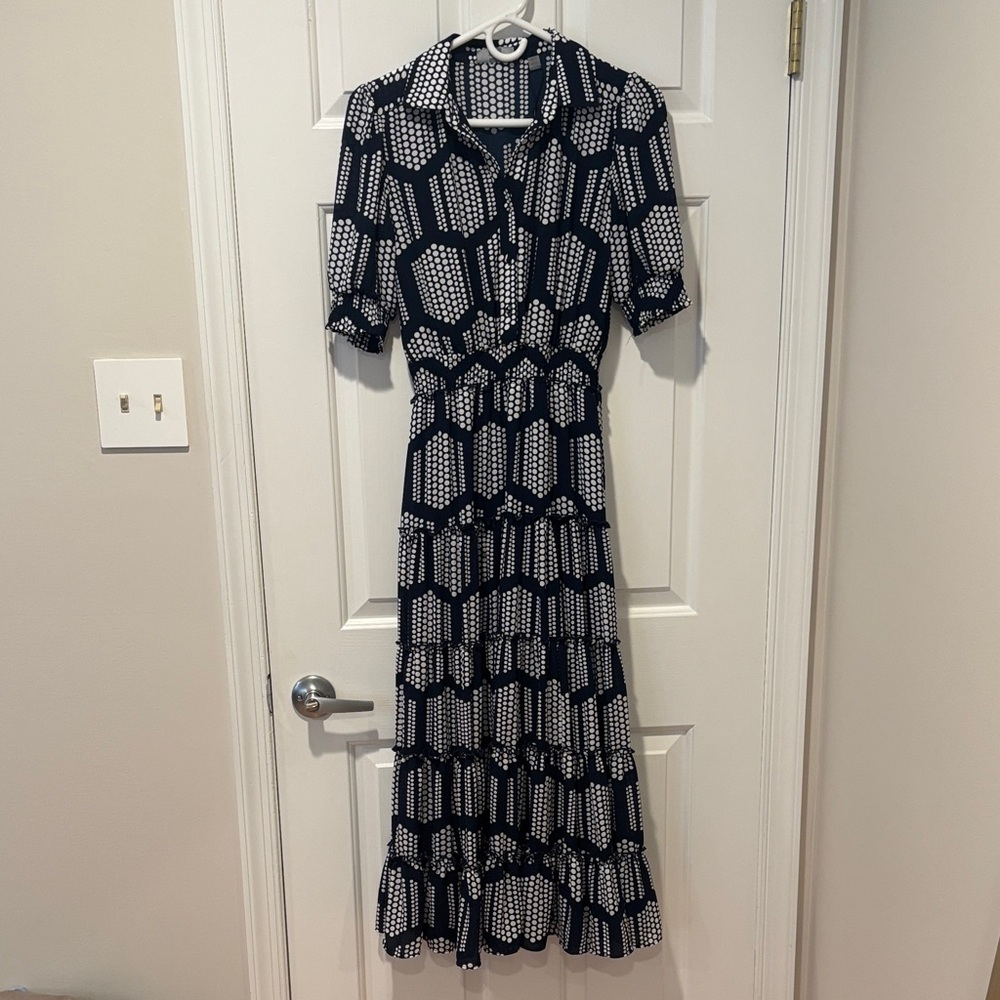 Navy and White Geometric Button-Front Maxi Dress